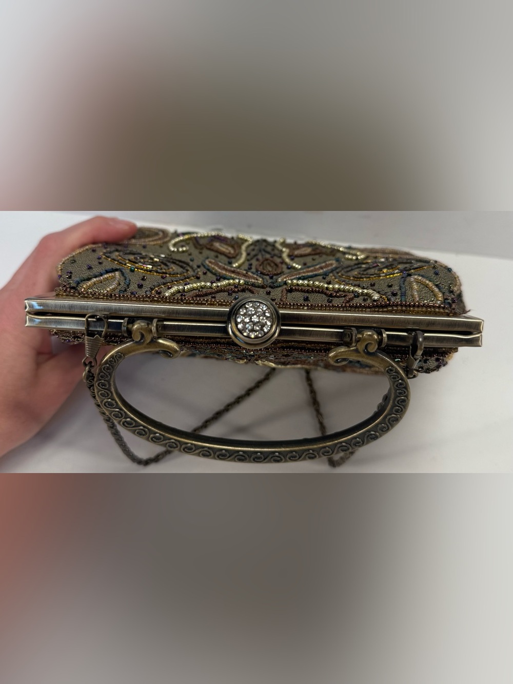 Vintage Fully Beaded Owl Metallic Gold Evening Clutch with Decorative Handle - Picture 12 of 16